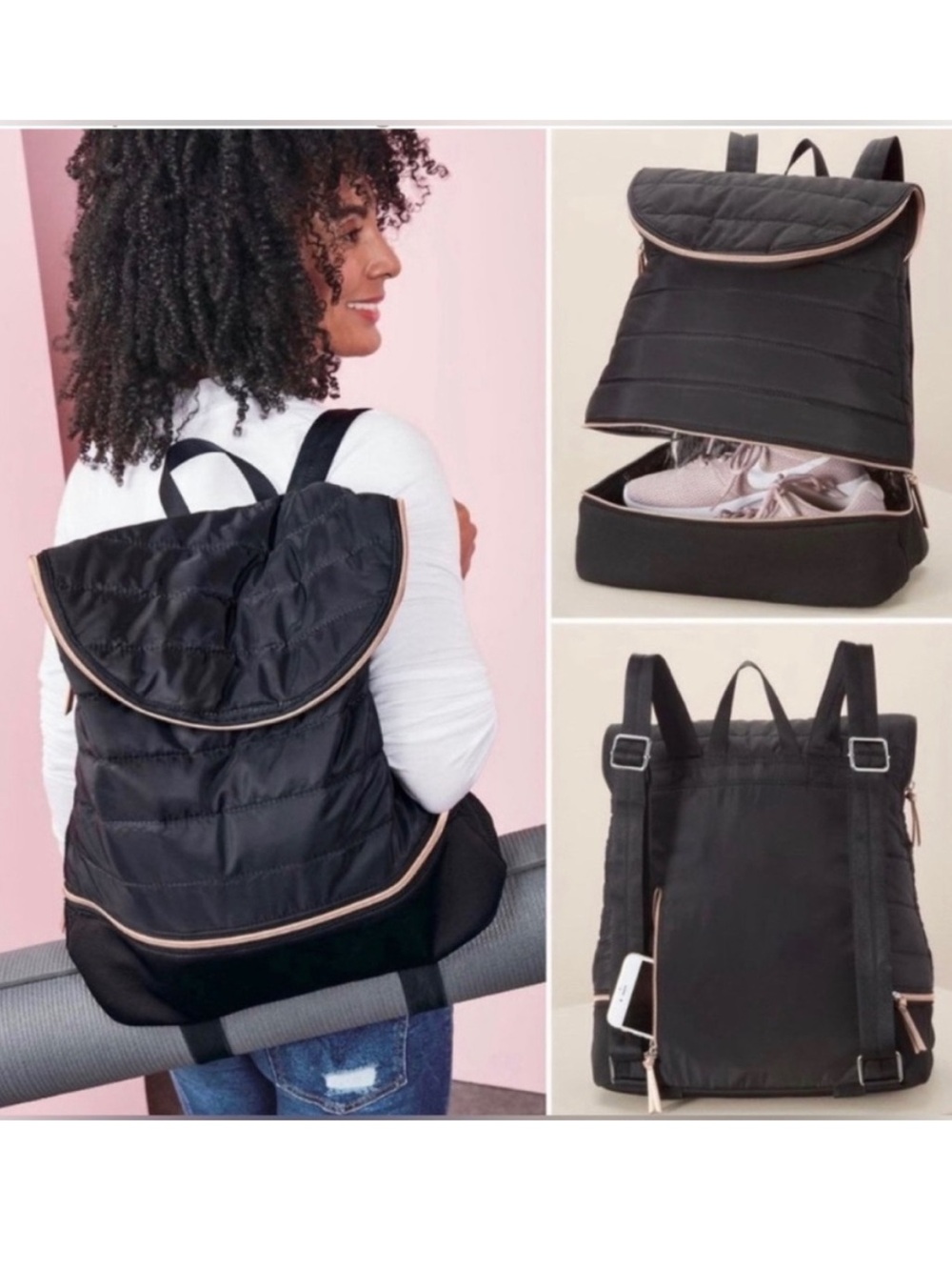 Stella & Dot Black Quilted Crush It Backpack with Shoe Storage, Yoga Mat Straps